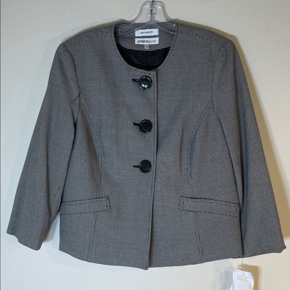 Jones New York Women's Black & White Houndstooth Collarless Blazer